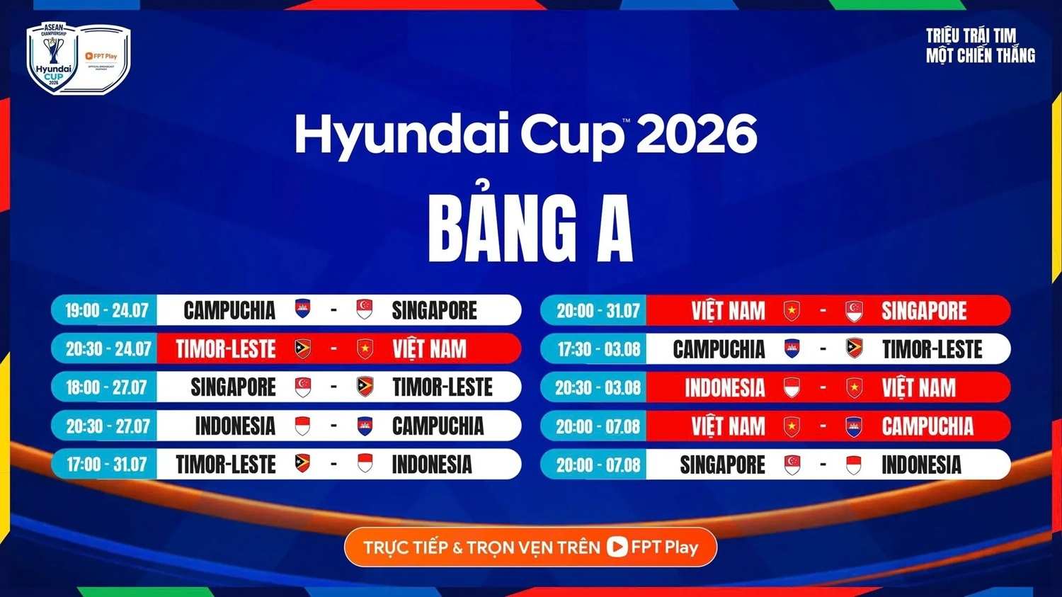 Lịch thi đấu đội tuyển Việt Nam tại vòng bảng ASEAN Cup 2026